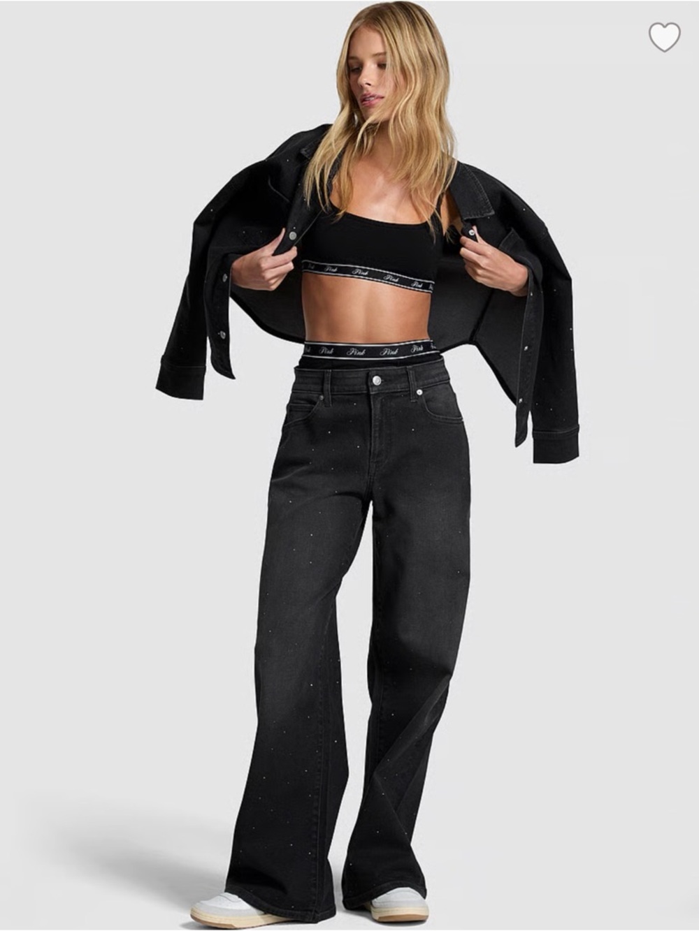 High-Rise Wide Leg crystal Jeans and jacket in Black pink Victoria’s Secret